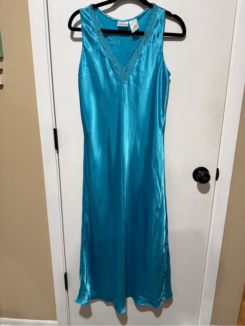 Vintage style delicates Turquoise Satin V-Neck Slip Dress